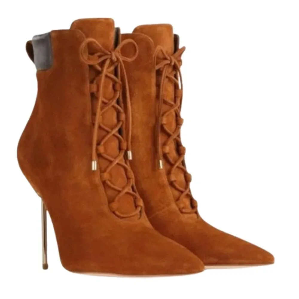 Good American Scandal Brown Suede Lace Up Gold Heel Point Toe Booties